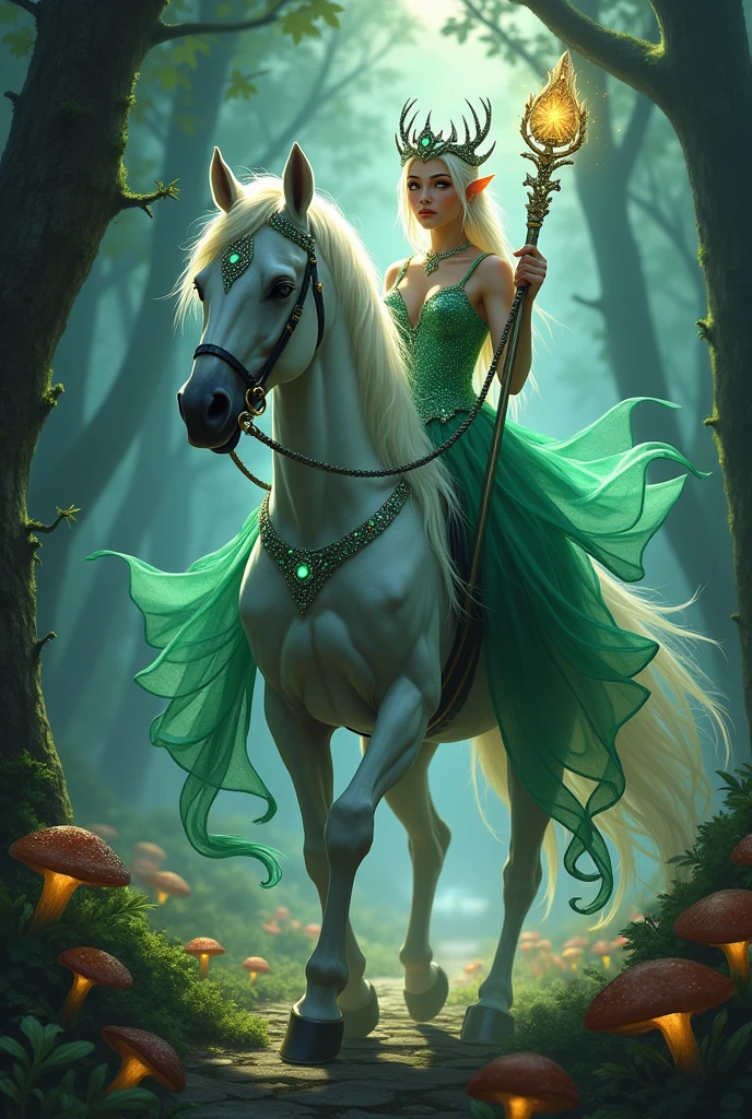An ethereal Elf Queen adorned in a glimmering, emerald gown that flows gracefully around her, emphasizing her regal poise as she rides a majestic mystichal horse through a moonlit forest. The horse, a breathtaking creature with a coat that shimmers in the spectral hues of twilight, has a flowing mane of pure silver and a tail that seems to be woven from strands of starlight. Its antler-like horns curve back elegantly, matching the intricate silver crown on the Queen's head, which is encrusted with glowing gems that cast a soft luminescence on her delicate, elongated features. Her eyes, deep pools of sapphire, are filled with wisdom and a gentle, knowing smile graces her lips. In her right hand, she holds a scepter made of an ancient, glowing wood that pulses with a warm, golden light, symbolizing her power and connection to the natural world. The forest around them is alive with magic, with bioluminescent plants and fungi casting an enchanting glow on the dappled path they tread. The trees, ancient and wise, lean in as if to pay homage to the royal procession. The atmosphere is serene, yet brimming with a palpable sense of power and mystery. The Queen's gaze is fixed forward, her destination unknown but undoubtedly vital to the fate of her mystical realm.