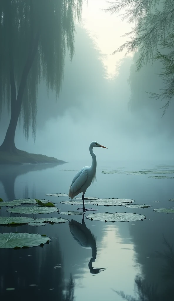 1. "A foggy morning on a tranquil lake, with large lily pads floating on the water’s surface. A white heron stands gracefully on one of the lily pads, surrounded by misty reflections of towering cypress trees. The atmosphere is mystical and serene, with the soft glow of early morning light filtering through the fog."