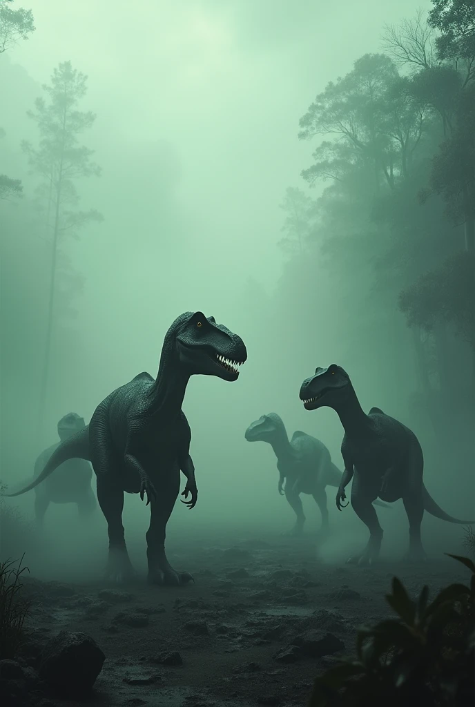 Several dinosaurs walking while the weather is foggy and with toxic gases