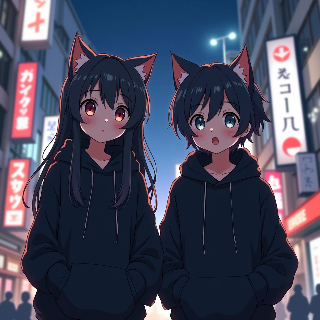 boy and girl anime wearing black hoodie,
with cat ears, in japan citylights background, and the girl is black long hair
