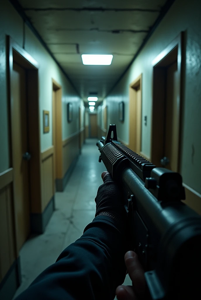 Abandoned cruise ship view from inside, FIRST PERSON POINT OF PERSON POINT Police officer only visible arms with an M4 in his hands walking through the corridors, evening mood, two doors in front of you