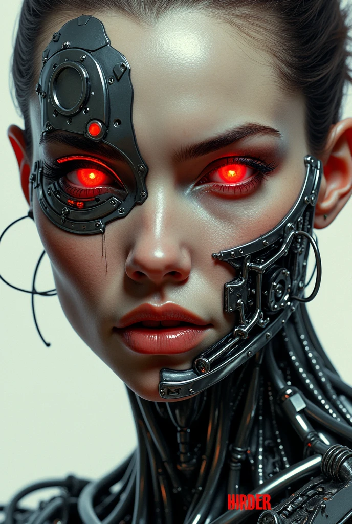 I want a woman&#39;s face with robotic features inspired by the Terminator movie and an animated Terminator sticker on the bottom. 