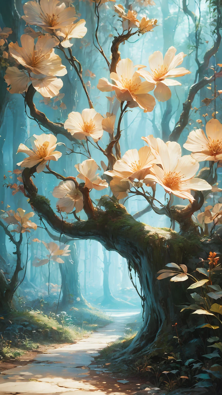 An ancient forest, Extremely refined、High-quality digital presentation, Reach 8K resolution. This work was featured on ArtStation for its sharp focus, Rich lighting changes, As well as a very complex and detailed central composition.. Inspired by artists like Louis van Baarle (Louis), Ilya Kuvshinov, and Studio Ghibli, The style of the website presents a QUOTE KAWAII aesthetic，Soft tones，watercolor.