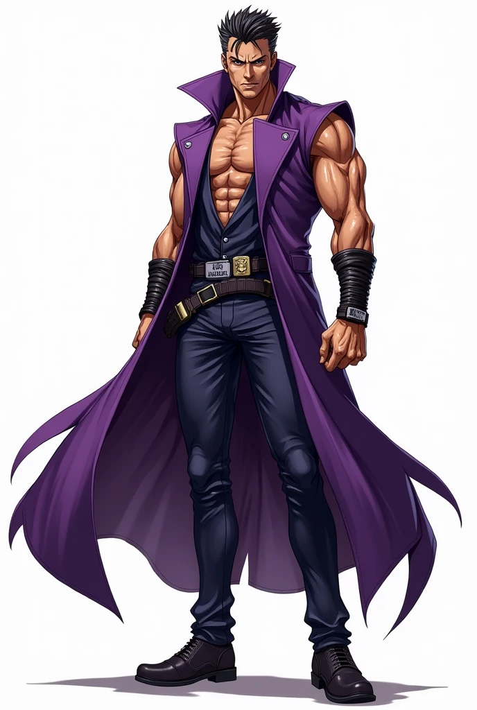 JJBA style, full body image, masterpiece, ultra-detailed, purple sleeveless trench coat, man, leather wristbands, White background, Tactical Boots, T-shirt, utility belt