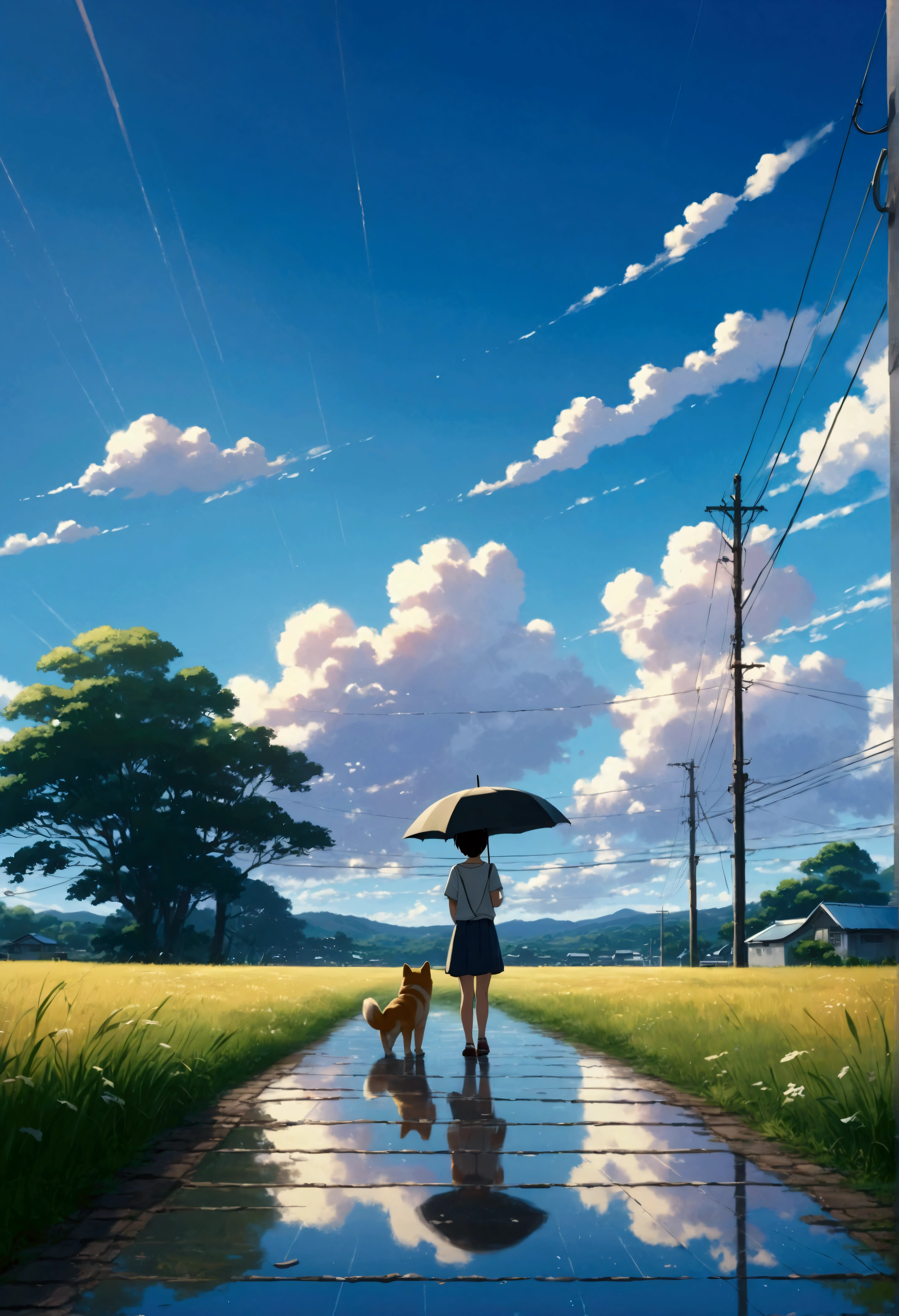 Makoto Shinkai Taste, Beautiful sky, rainy season,Umbrella,Shiba Inu Puppy, Girl with shoes,Romantic Landscape, Healing scenes,hope, Summer Morning,Makoto Shinkai Taste,Detailed Description,