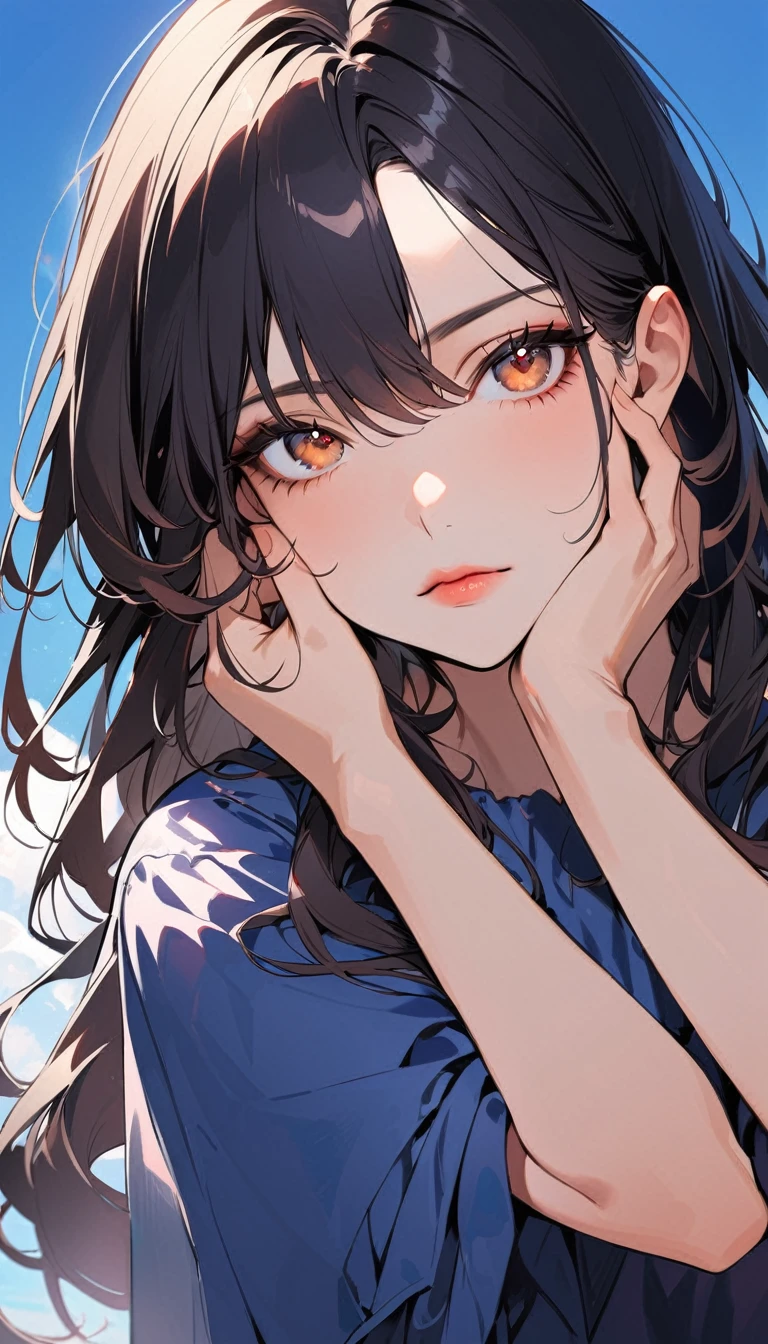 1woman, solo, long hair, black Hair, brown eyes, detailed eyes, light lips, 25years old, getting red in the face, cover one's face with one's hands,wear blue casual long dress, looking at viewer, closed mouth, blue sky