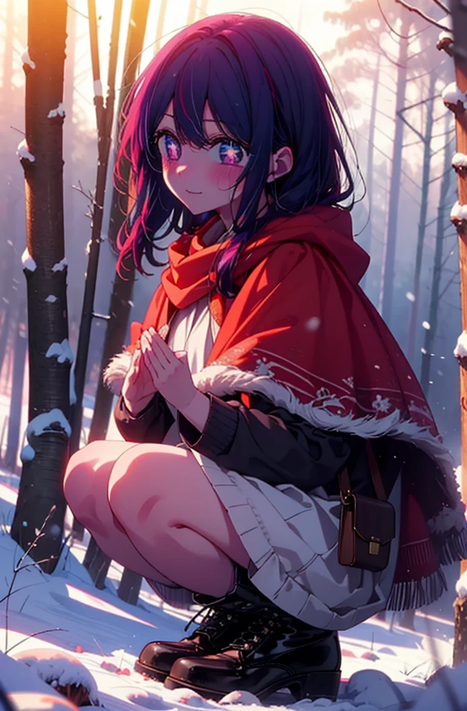 aihoshino, Ai Hoshino, Long Hair, bangs, (Purple eyes:1.1), Purple Hair, (Symbol-shaped pupil:1.5), smile,,smile,blush,white breath,
Open your mouth,snow,Ground bonfire, Outdoor, boots, snowing, From the side, wood, suitcase, Cape, Blurred, , forest, White handbag, nature, Squat, Mouth closed, Cape, winter, Written boundary depth, Black shoes, red Cape break looking at viewer, Upper Body, whole body, break Outdoor, forest, nature, break (masterpiece:1.2), Highest quality, High resolution, unity 8k wallpaper, (shape:0.8), (Beautiful and beautiful eyes:1.6), Highly detailed face, Perfect lighting, Highly detailed CG, (Perfect hands, Perfect Anatomy),