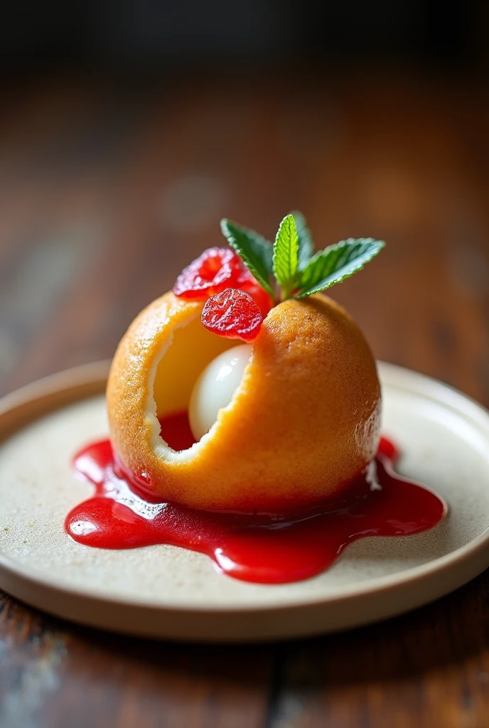 Spherification of Paipa cheese dessert, stuffed with lulo sauce, Colombian fruit
 ,Spherified panela covering the dome with strawberry and mint gelations.







