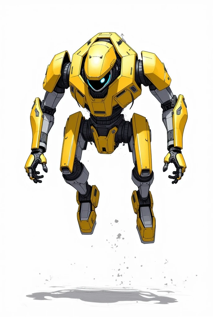 BLACK AND WHITE LINE SKETCH WITHOUT 2D FILL THAT LOOKS AT A ROBOT WITH THE FOLLOWING SIMPLE CHARACTERISTICS FROM THE FRONT: Metallic yellow color Low height Flies Has a laser beam in its eye Thick build Long limbs
