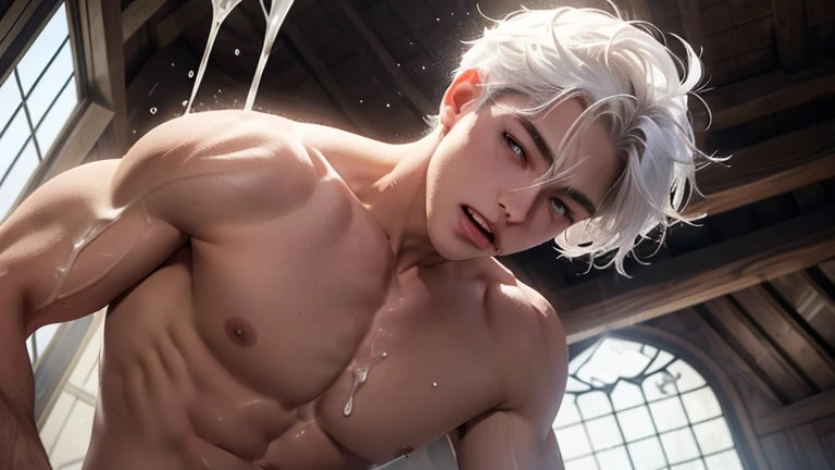 A young boy with white hair,fair skin,handsome,The triangle briefs are wet, so I took half of them off.,裸上半身Soaked in milk,Showing six-pack abs and chest muscles with water droplets on them,Soaked in milk,纖細長腿Soaked in milk,There is a big protrusion from below and milk is spurting out,Soaked in milk,Tilting their head back, they wore an expression of comfort.,Milk flows from the corners of the mouth,Sticking out tongue,Drinking milk,Very shy expression,Milk flows from the corner of the mouth,covered in milk,soak in milk,There's milk on your face too,Milk flows from the corners of the mouth,身上Soaked in milk,Complete character,To the light,The light shines on the abdominal muscles,milk everywhere
