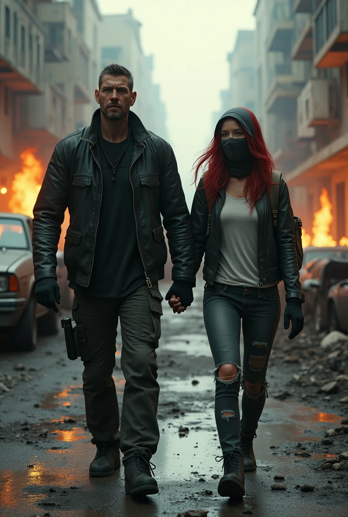 post apocalyptic world, destroyed streets, burned buildings, crashed cars, dark environment, dirty, dusty, dusk, a man and a woman walk hand in hand, man black motorcycle jacket 40 years old black military pants, very short beard poorly shaved head Bald woman of medium height wears a hat, balaclava, backpack and a gun, 20-year-old woman, long red hair, very beautiful biker jacket, backpack, short, torn white T-shirt, short T-shirt, jeans, they walk with an open and determined face together hand in hand, open face , focus on the determination of both and the epic atmosphere, with fire in cars and destroyed buildings, gloomy atmosphere