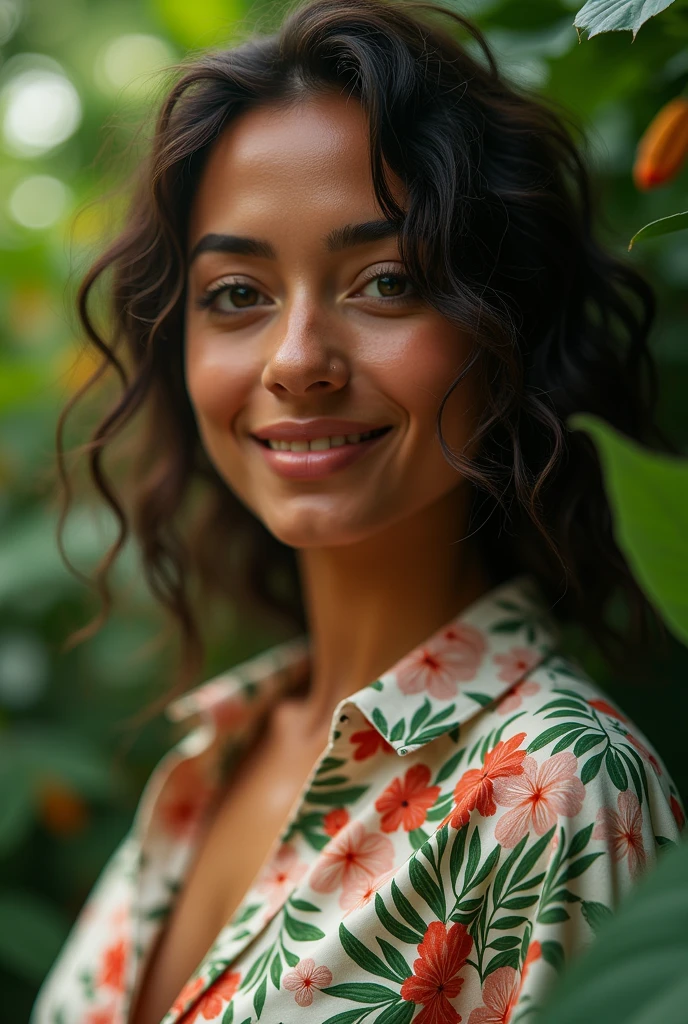 A Brazilian woman in a lush tropical garden, wearing an open shirt with a floral print, with a close-up capturing the harmonious beauty between her breasts and the natural flowers, showing off your natural charm and outgoing personality.