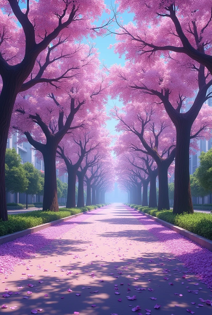 The sun was shining brightly on the street, the acacia trees were not giving shade, the breeze was blowing flowers and the street was covered with purple petals.