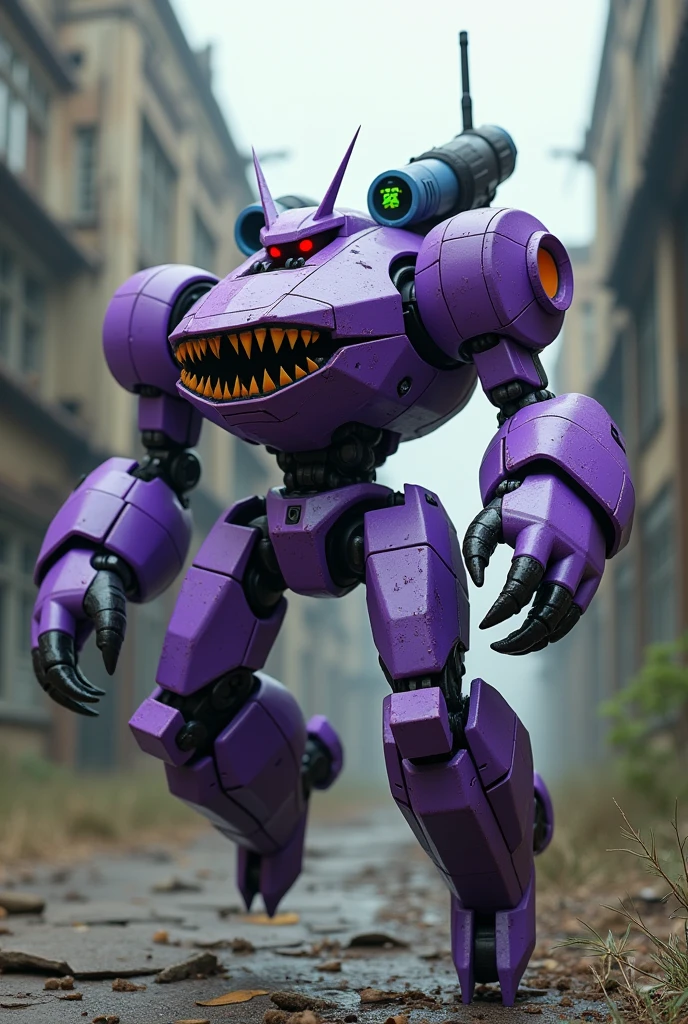 highly detailed hexagonal prism robot with crab-like legs, red eyes, sharp teeth, a purple crab-shaped body, floating on air. claw hand. high tech design.. big bazooka on back pack.oysters shape..purple and silver color. Claw machine arm. Small green guy cube head with antenna on control panel. Real. 4k full hd. High contrast. High shutter speed. Metal zoid concept. Power ranger megazord. Gundam barbatos legs. Tuning pose. Punching pose. Background on abandoned building