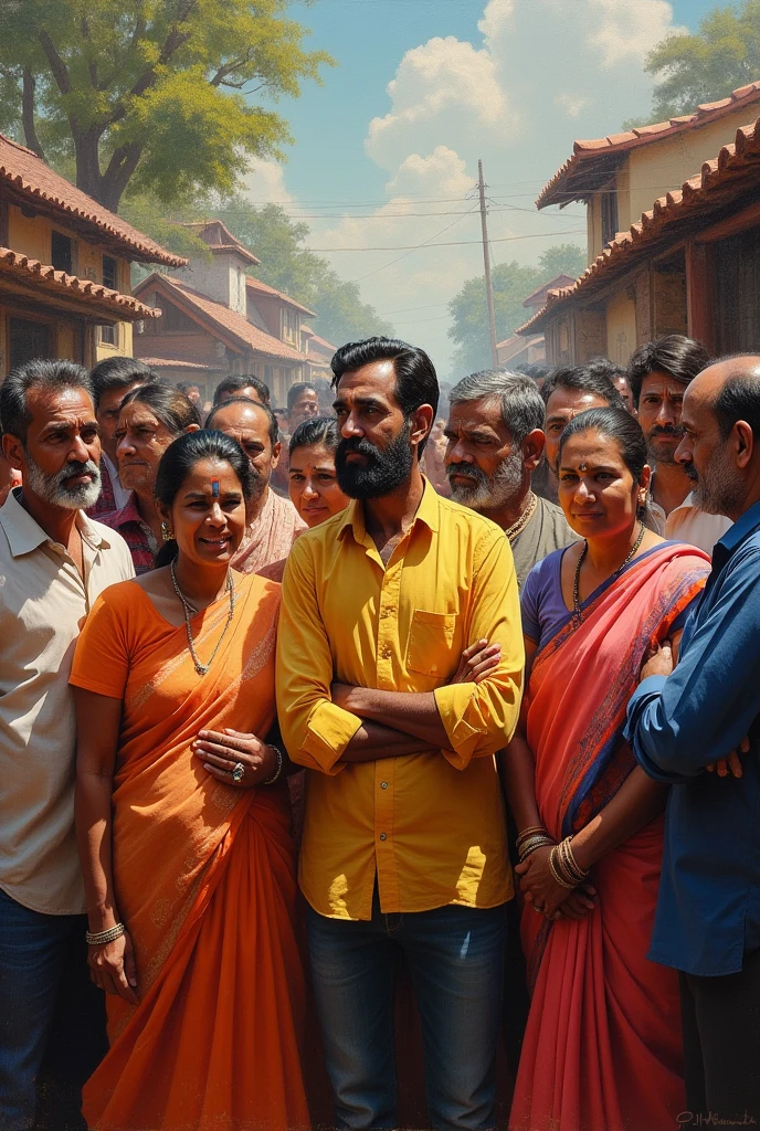 In oil painting "A group of people attending a new seminar or workshop in the village, inspired by Ramesh’s success"** - Demonstrates the ripple effect of his achievements."