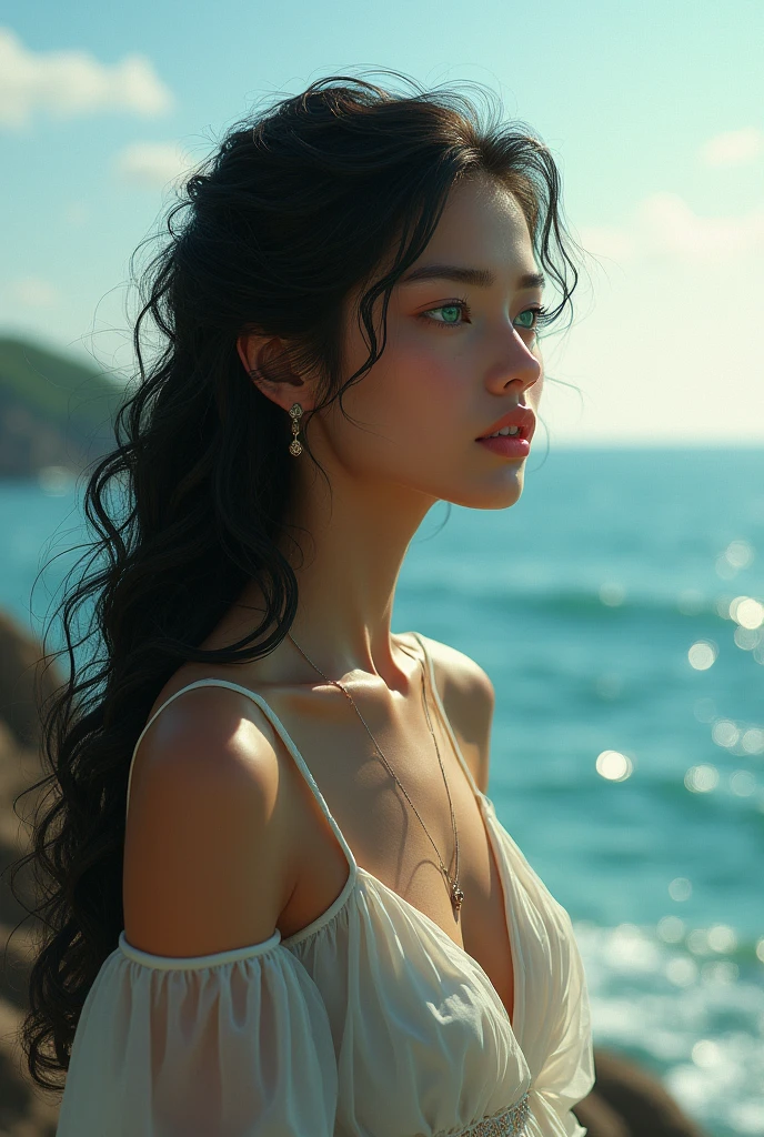 A woman with long curly black hair and green eyes and fair skin looking at the sea