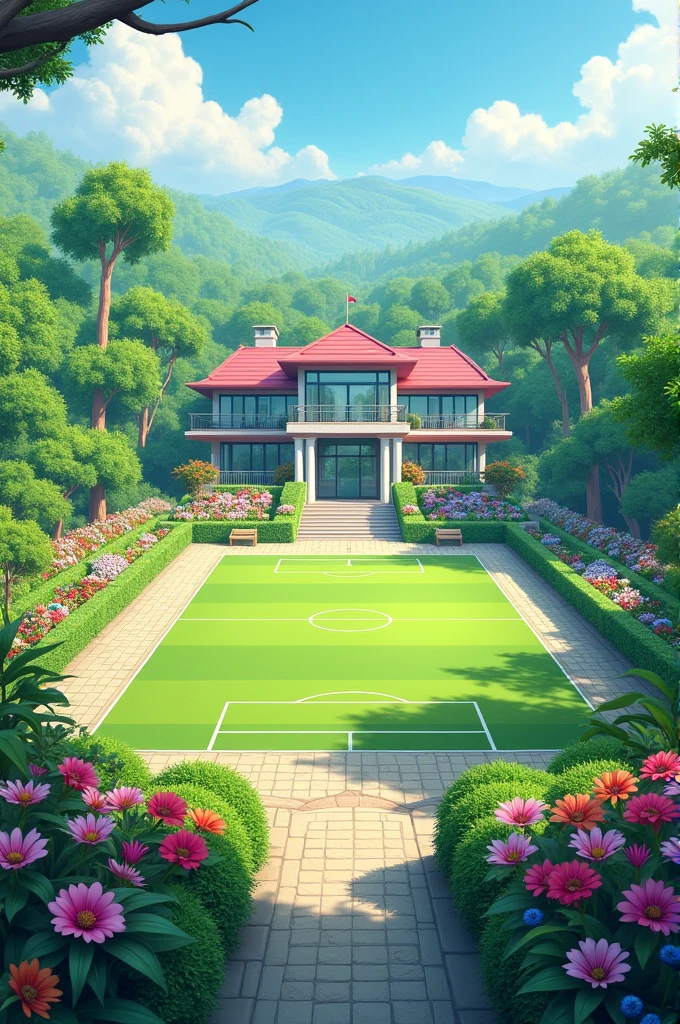 Create a sports unit where in the middle you see a building surrounded by green areas that have flowers 
