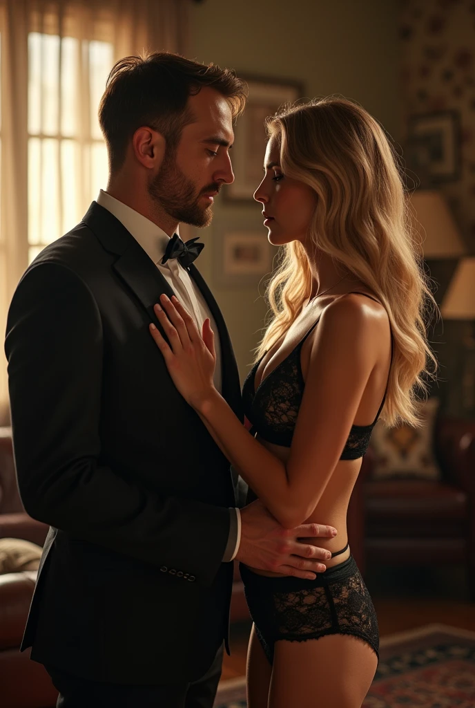 Magnificent detail, 8K Photos, hyper- realism, realistic background, visual depth, wide angle lens, professional light, full body photo. {A man in the background of the image, in an elegant suit sitting on a chair, with his arms tied to the arms of the chair, with a tape over his mouth, Watching a beautiful natural blonde woman, De pele clara, wearing sexy lace lingerie, in bed cuddling and kissing a ugly fat old man black, extremely tall and strong, in white underwear. Hotwife cuckold in gangbang with old fat man