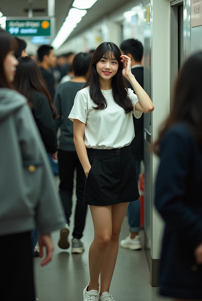 Full body photo of a beautiful Japanese-Korean woman with slightly plump skin, long black hair with bangs, wearing a white short-sleeved shirt, a black miniskirt, and white sneakers, standing next to a door in the subway, surrounded by a crowd of people, looking at the camera, raising a hand to comb her hair, and smiling shyly. A clear photo taken with a 32k resolution DSLR camera.