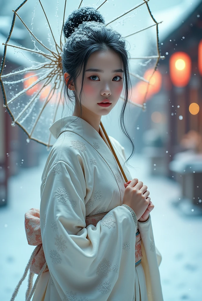 (masterpiece,Highest quality:1.4),(8k,RAW Photos,Photorealistic:1.4),Ultra-high resolution, ,(Glowing Skin:1.4),Detailed肌,Detailed顔,Detailed目,(Beautiful and shining eyes:1.2),Symmetrical eyes,Detailed耳,One person,Natural Makeup,(((Idol))),,Detailed背景,Vivid background,Beautiful and shiny hair,,((Average teenage breasts)),,(Detailed Snow Girl,Sexy Japanese kimono with snowflake pattern,,Snow falling background,Holding an umbrella,mysterious,whole body),,((Sharp Face)),Natural light,,(Very detailed ,,online shopping,LUMINE® Market,),real,,Professional,(Detailed,Location was great.),