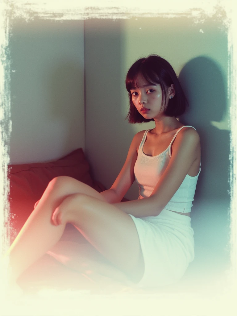 girl、 analog film photo, (Create a realistic and photorealistic photo image)、whole body、White tank top、Dimly lit place、Red light、Sitting、blur, tint, depth,