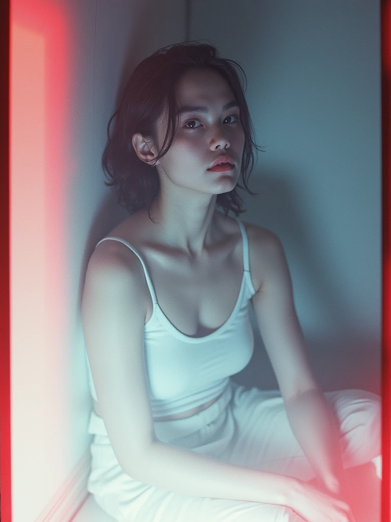 girl、 analog film photo, (Create a realistic and photorealistic photo image)、whole body、White tank top、Dimly lit place、Red light、Sitting、blur, tint, depth,