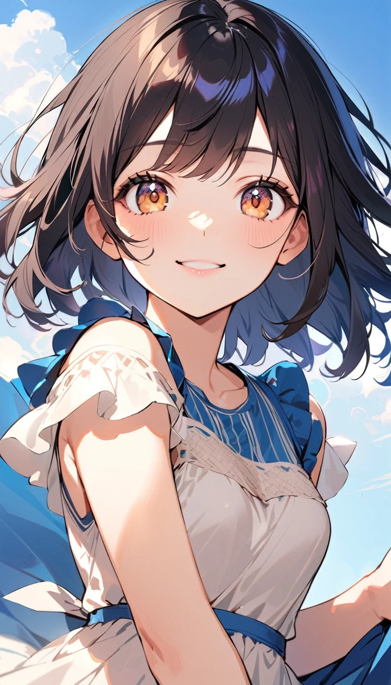 1woman, solo, medium hair, black Hair, brown eyes, detailed eyes, light lips, 18years old, smile, happy, wear blue casual long dress, looking at viewer, cowboy shot, closed mouth, blue sky