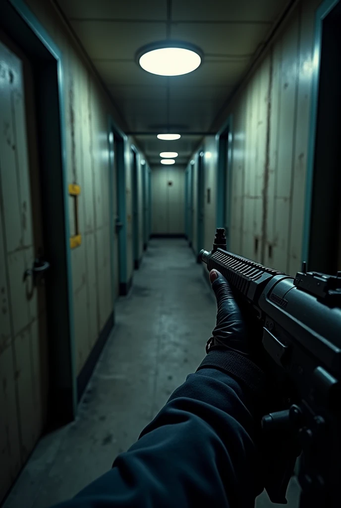 Abandoned cruise ship view from inside, FIRST PERSON POINT OF PERSON POINT Police officer only visible arms with an M4 in his hands walking through the corridors, evening mood, two doors in front of you