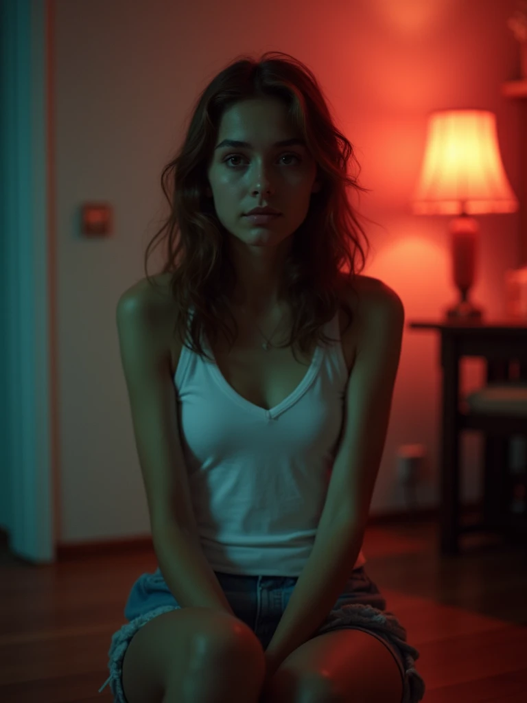 girl、 analog film photo, (Create a realistic and photorealistic photo image)、whole body、White tank top、Dimly lit place、Red light、Sitting、blur, tint, depth,