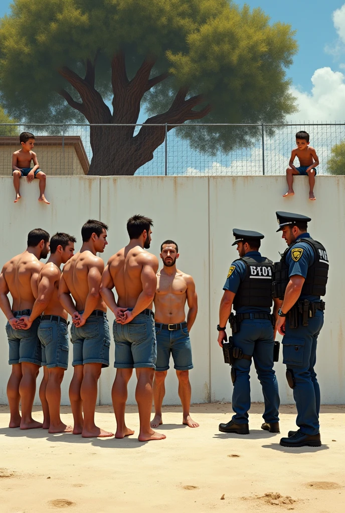 Five strong, muscular men standing in their underwear with their hands raised behind their heads being searched by two tactical police officers in a fenced-in area with a white wall, Sandy ground, a big tree in the background. Two boys sitting on the wall watching.