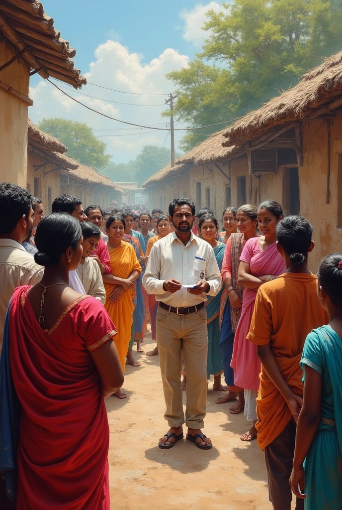 In oil painting "A group of people attending a new seminar or workshop in the village, inspired by young Ramesh’s success"** - Demonstrates the ripple effect of his achievements."