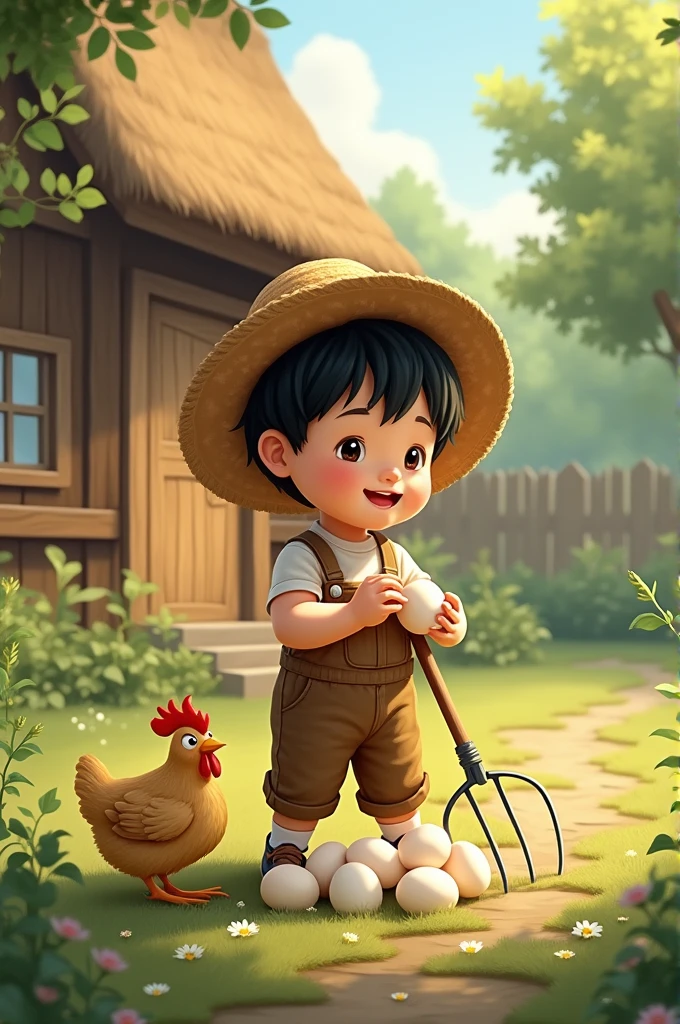 A charming illustration of a young black-haired boy. The boy is wearing a straw hat and overalls, and holding a pitchfork. Behind it is a cozy wooden house with a thatched roof, which contributes to the idyllic rural setting. Sunlight filters through the trees, casting a warm glow over the scene. who is collecting chicken eggs with his hand