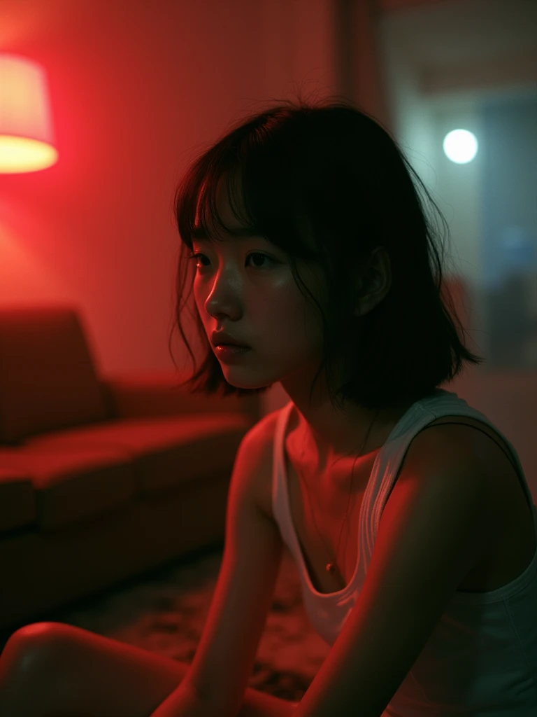 girl、 analog film photo, (Create a realistic and photorealistic photo image)、whole body、White tank top、Dimly lit place、Red light、Sitting、blur, tint, depth,
