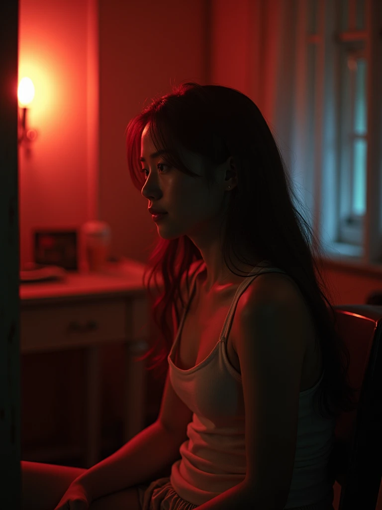 girl、 analog film photo, (Create a realistic and photorealistic photo image)、whole body、White tank top、Dimly lit place、Red light、Sitting、blur, tint, depth,