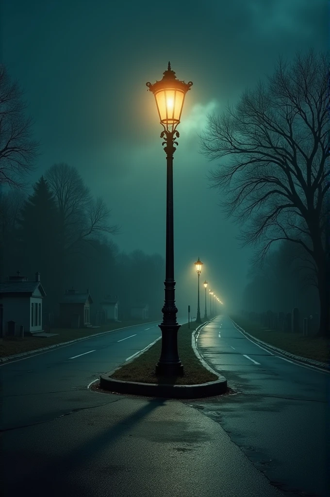 One night a lamppost at the intersection of three roads. Three road junctions as well as cemeteries on both sides