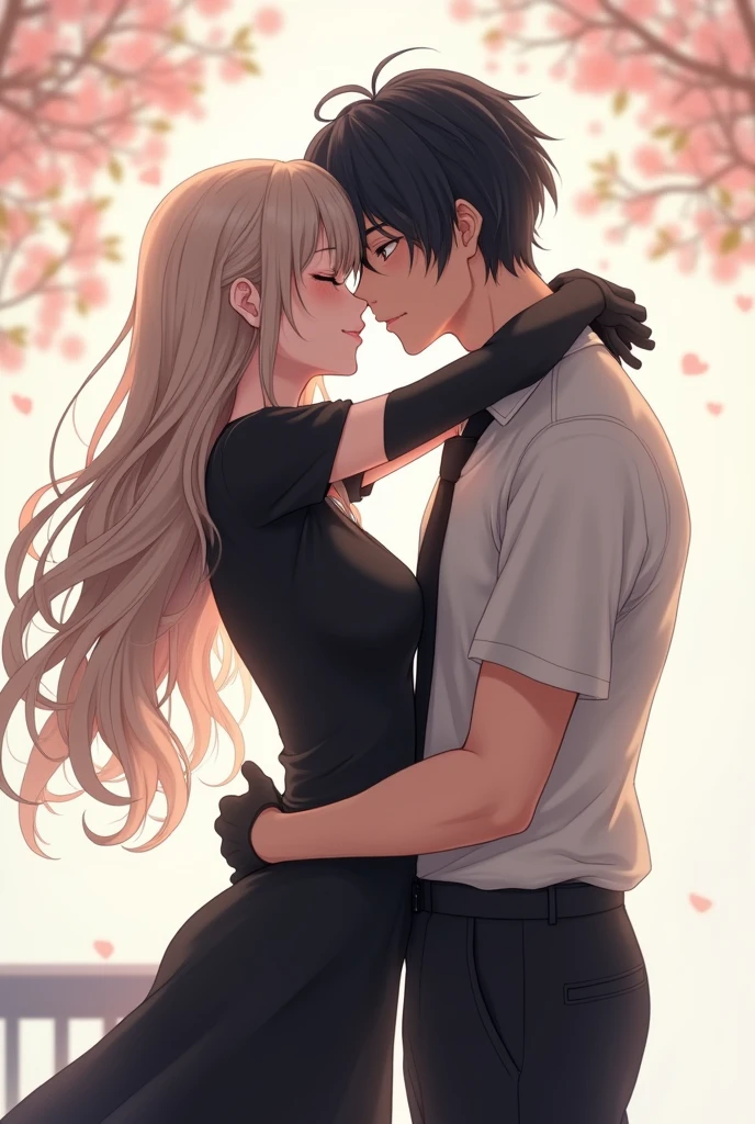 An anime girl with long wavy hair down to her waist wearing a black short-sleeved shirt with gloves from wrist to elbow and showing her hips with wide black pants and an anime boy with black hair wearing a short-sleeved shirt and wide black pants, both hugging each other giving each other a kiss.