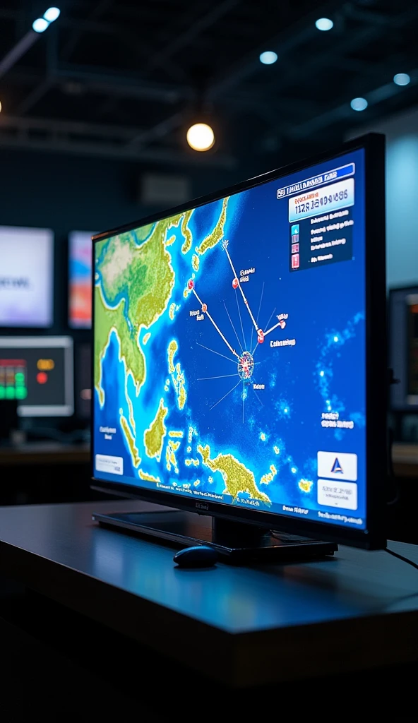 A typhoon's predicted path is displayed on the TV monitor.