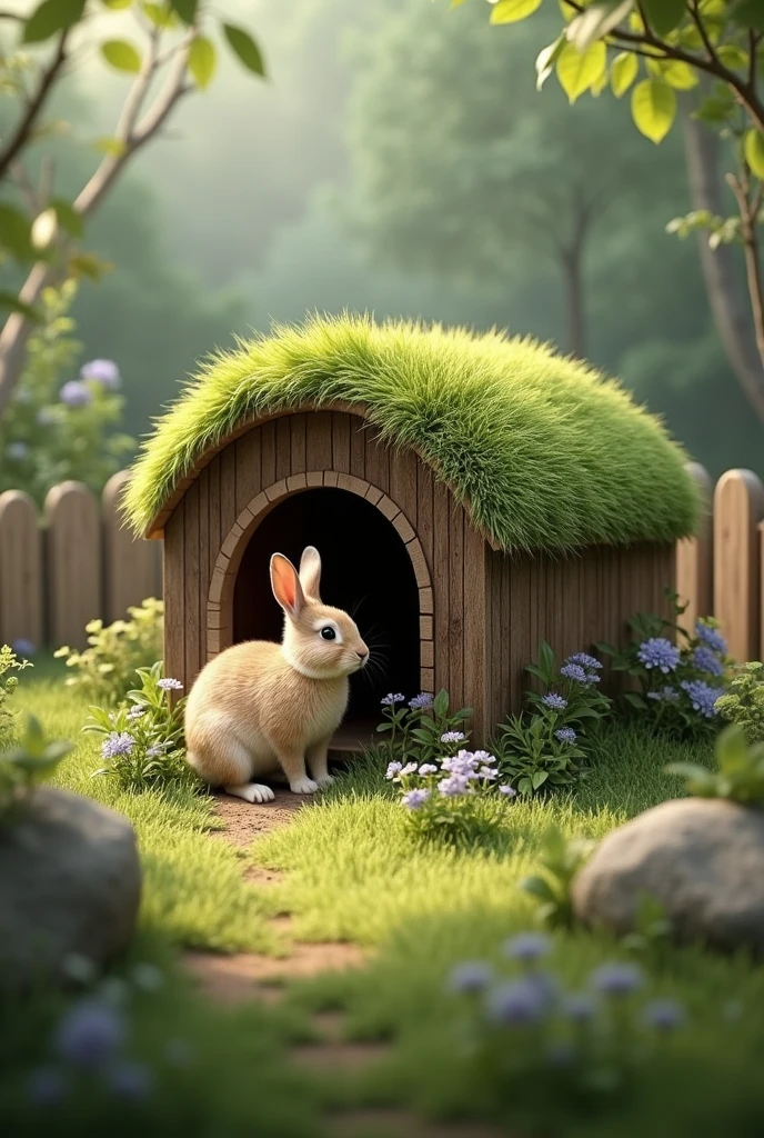 Realistic rabbit house, round shape of about 4ft in diameter. It should be for pair of a rabbit. The house should be semicovered with a grassy roof. Connected to underground burrow or tunnel surrounded by small fence for enclosure . realistic 