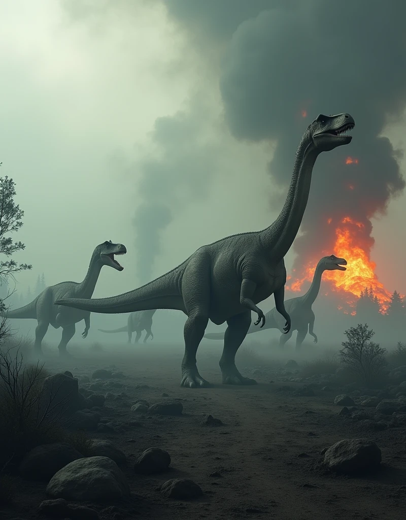 Several dinosaurs walking while the weather is foggy and with toxic gases and fires.