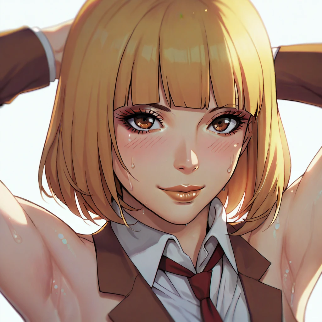 hanaprisonschool, 1girl, solo, blonde hair, school uniform, brown eyes, necktie, blunt bangs, makeup, lipstick, blazer, jacket, lips, short hair, sweaty, armpits, close up armpits 