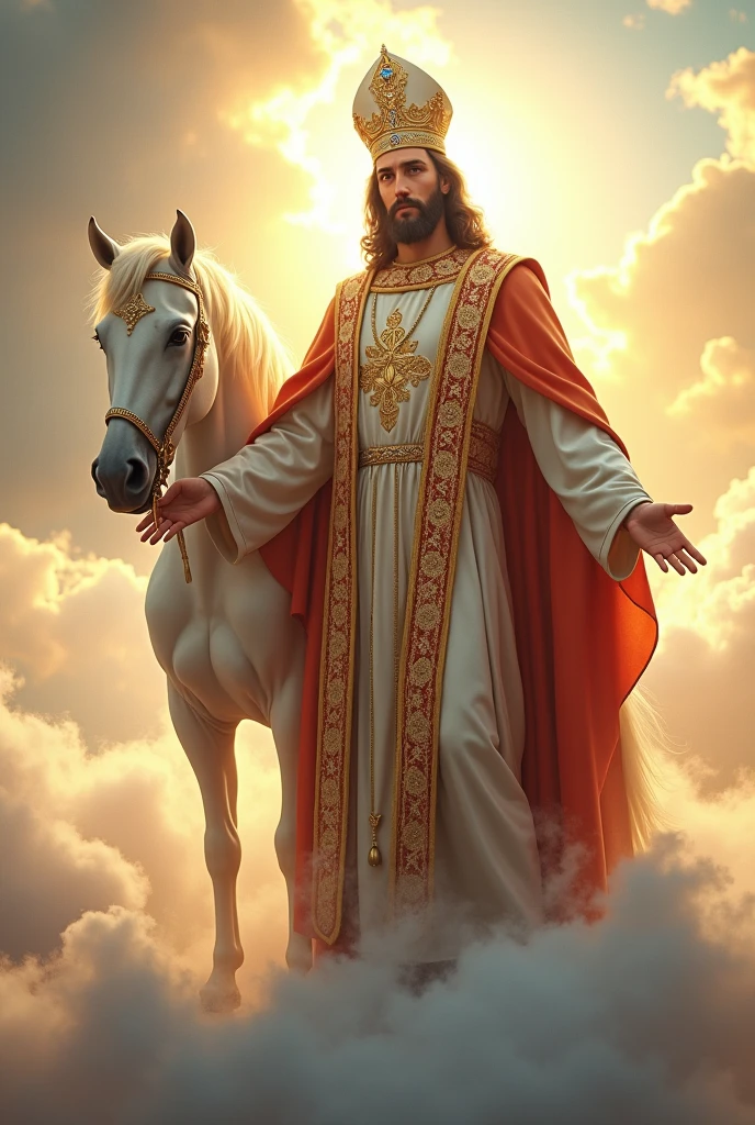 make me a photo of jesus dressed like a catholic romo standing on a cloud, He wears a crown, rides a white horse shining in the sun,very realistic, photo taken using a Nikon camera, His face is looking at the camera