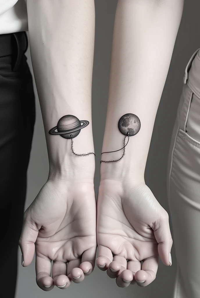 Create a man's forearm with a small Saturn tattooed intertwined and cut with a red thread that is aesthetic without color, just simple strokes, and next to it is a woman's forearm with a small tattoo of the planet. "Marte" that has a cut red thread intertwined that plays with the tattoo on the man's forearm, Let it be without color, simple strokes and aesthetics that make it a couple tattoo.