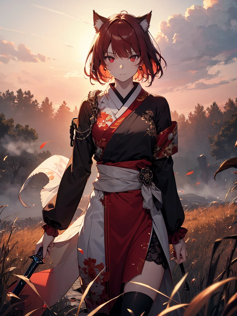 high resolution。((Dough))Beautiful face like a doll。cowboy shot。Realistic skin texture。Realistic fabric texture。A woman in scarlet ronin clothing。Beautiful feet。Red Short Hair。forehead。Cat ear。Cat Eyes。 Crimson silver grass field。A world of thick fog,。Red Eyes。clothes are blowing in the wind。Holding the sword at his waist。alone。Japan。black sun。Red Sky。Chiaroscuro,