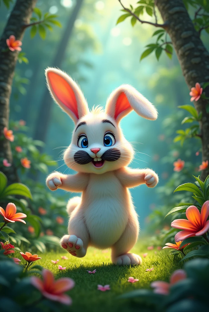 Dancing rabbit in jungle he hqve blue eyes and mustaches