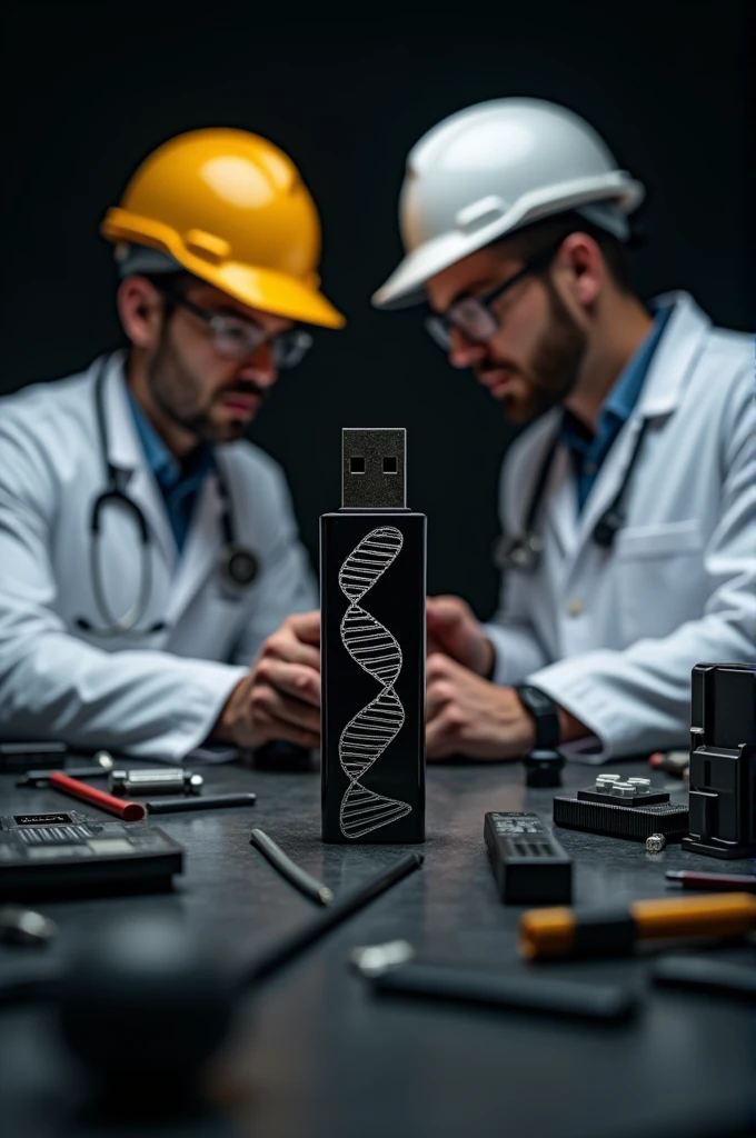 A Doctor and Engineer making Pendrive with each other And On pendrive Write DNA With DNA image with Black Background