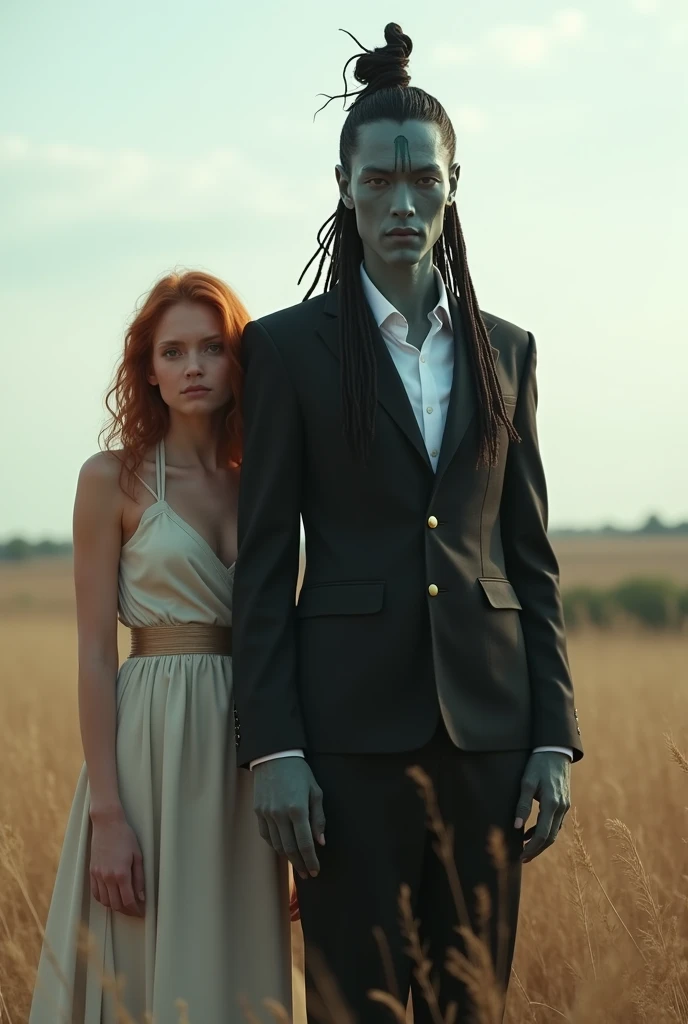 Create a Master Shiva style alien man but with a suit, stark, Cao Cao,

He is in an open field and with a 20 year old human female, redhead in an elegant outfit 
