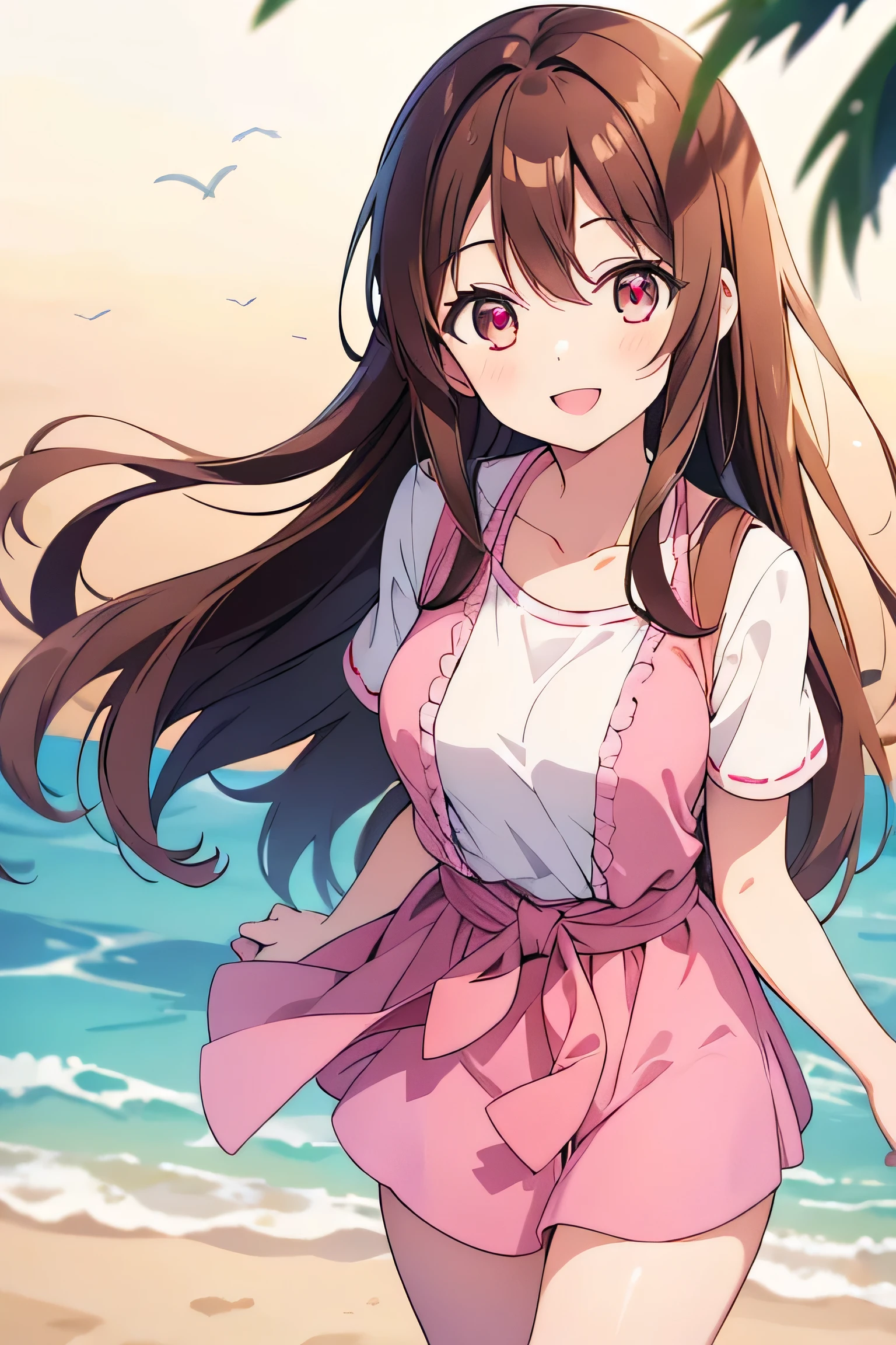 Female Cartoon Character, Mature woman, Brown Hair, fine, smile, Summer clothes, Kawaii clothes, Bright clothes, Underexposed eyes, long hair, True Face, From the waist up