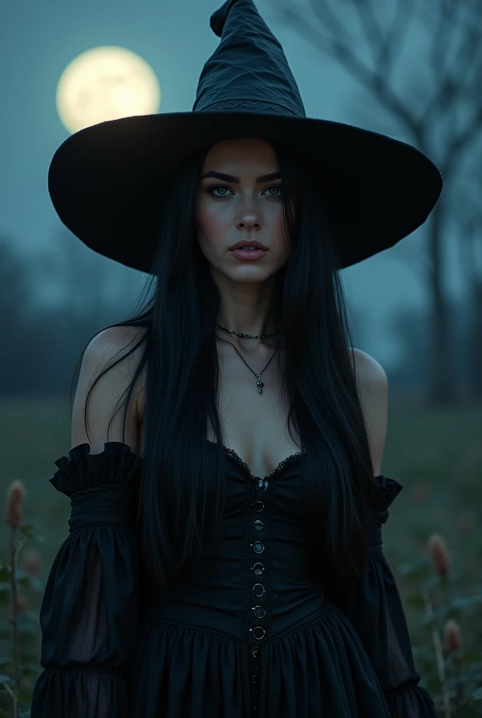 woman, long straight black hair, witch hat, medium bust, witch dress, at night, full moon in the background, looking at the camera, photorealistic