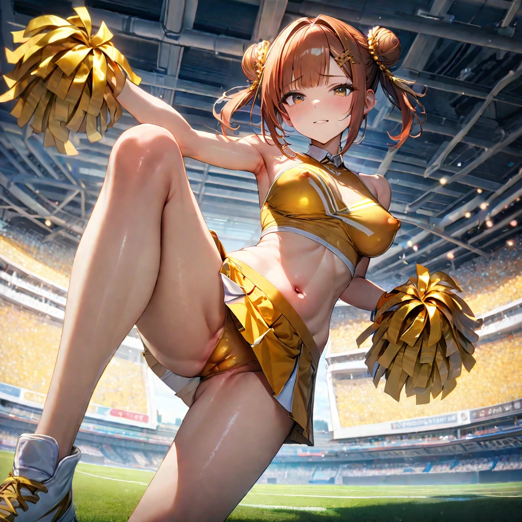 (high quality1.4), (finely detail:1.4), (nsfw), 1girl,(slender), (blunt bangs), (side-parted bangs), (medium breasts), (covered erectile nipples), brown eyes, dark orange hair, ((double bun)), (yellow tassel hair ornament:1.3), (swept bangs), ((shining gold cheerleader)), ((pleated skirt)), (cameltoe), solo, ((very bright stadium:1.4)), (8K, ultra high res, masterpiece, best quality:1.2),