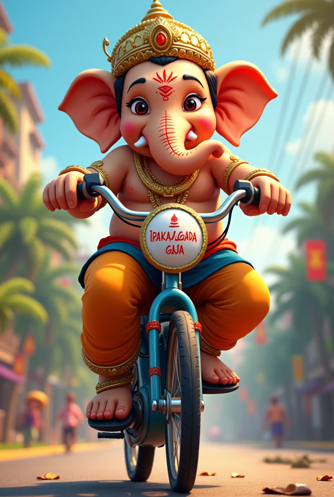 lord Ganesh riding a bike with mouse logo add IRAKALGADA GAJAA TEXT